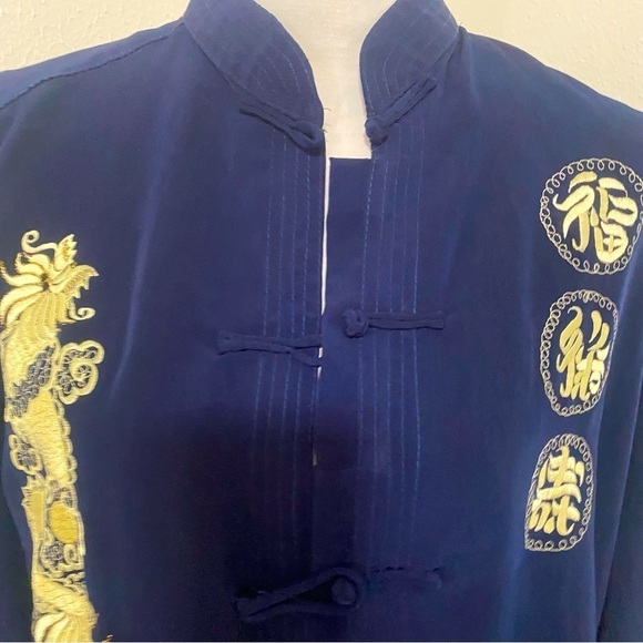 Vintage 100% Silk Mandarin Collar Dragon Embroidered Navy Jacket XXL NWT Unisex - Picture 4 of 9